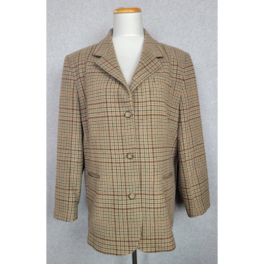 LL Bean Womens Tan Plaid Wool Cashmere Blazer Jacket Sz 18E‎